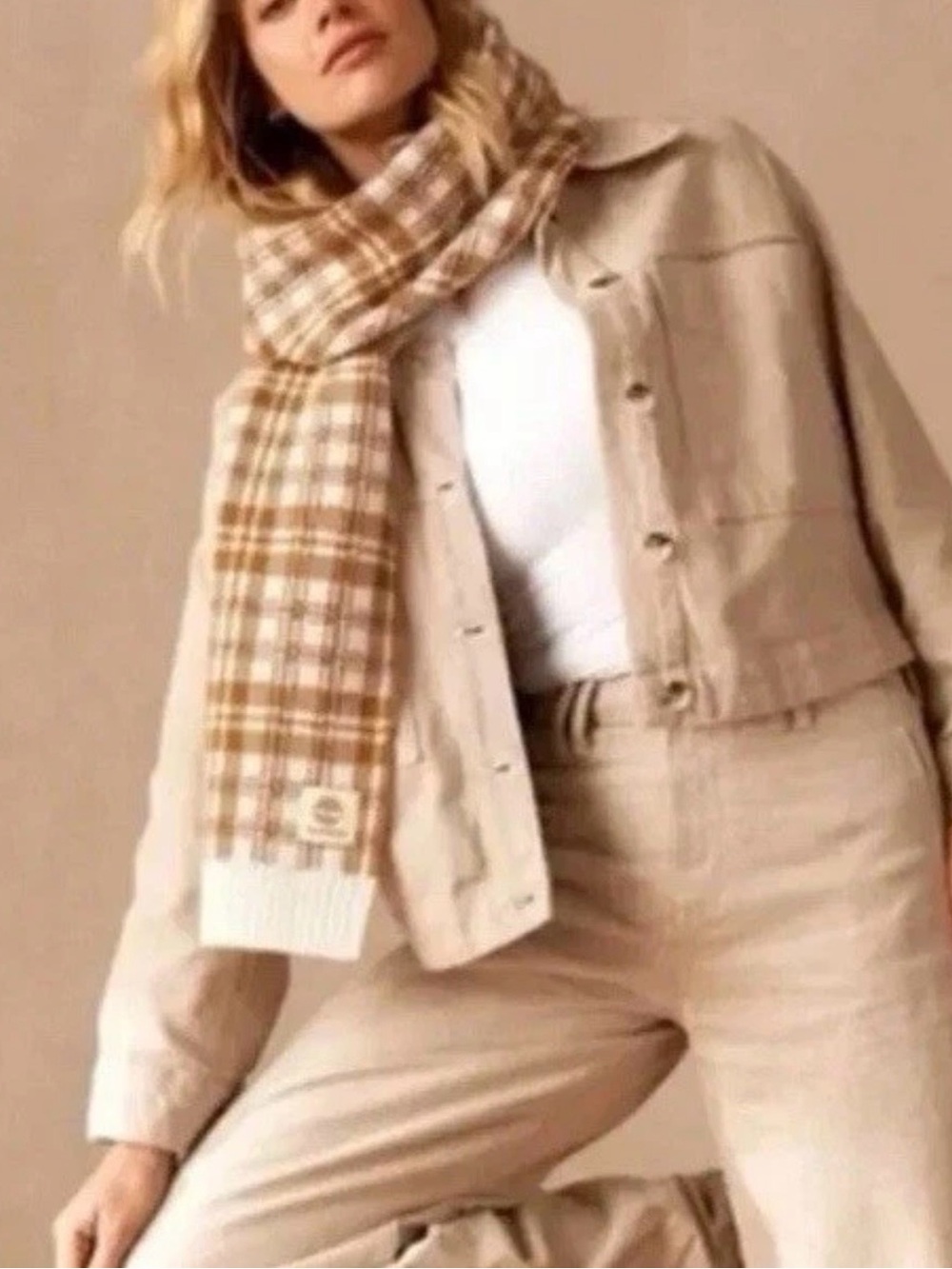 New Timberland Scarf Wheat Plaid One Size Winter Fall Logo NWT